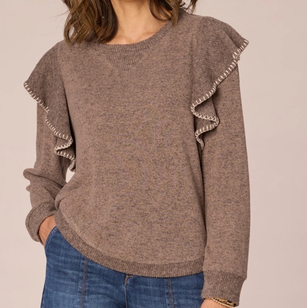 Democracy Taupe Ruffle-Trim Crewneck Sweater